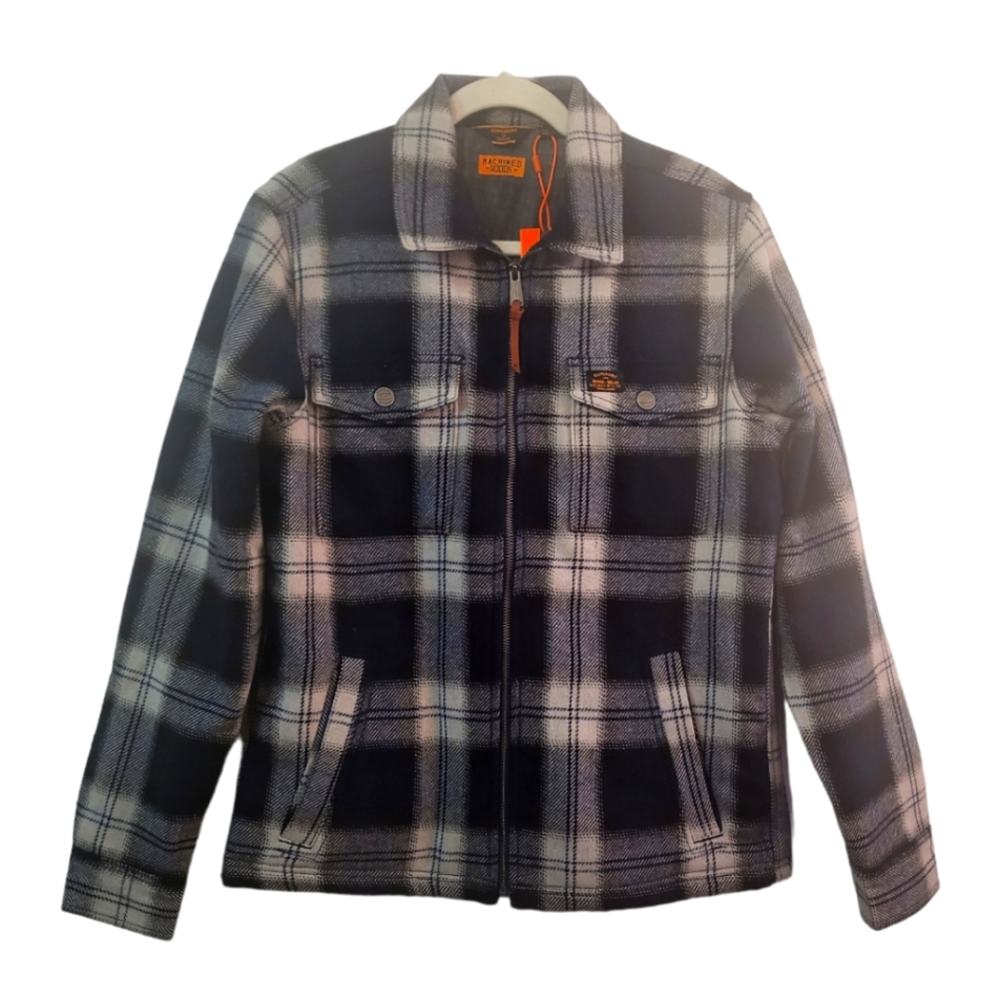 NEW SUPERDRY Mens Zip Through Borg Lined Wool Check Jacket. Black